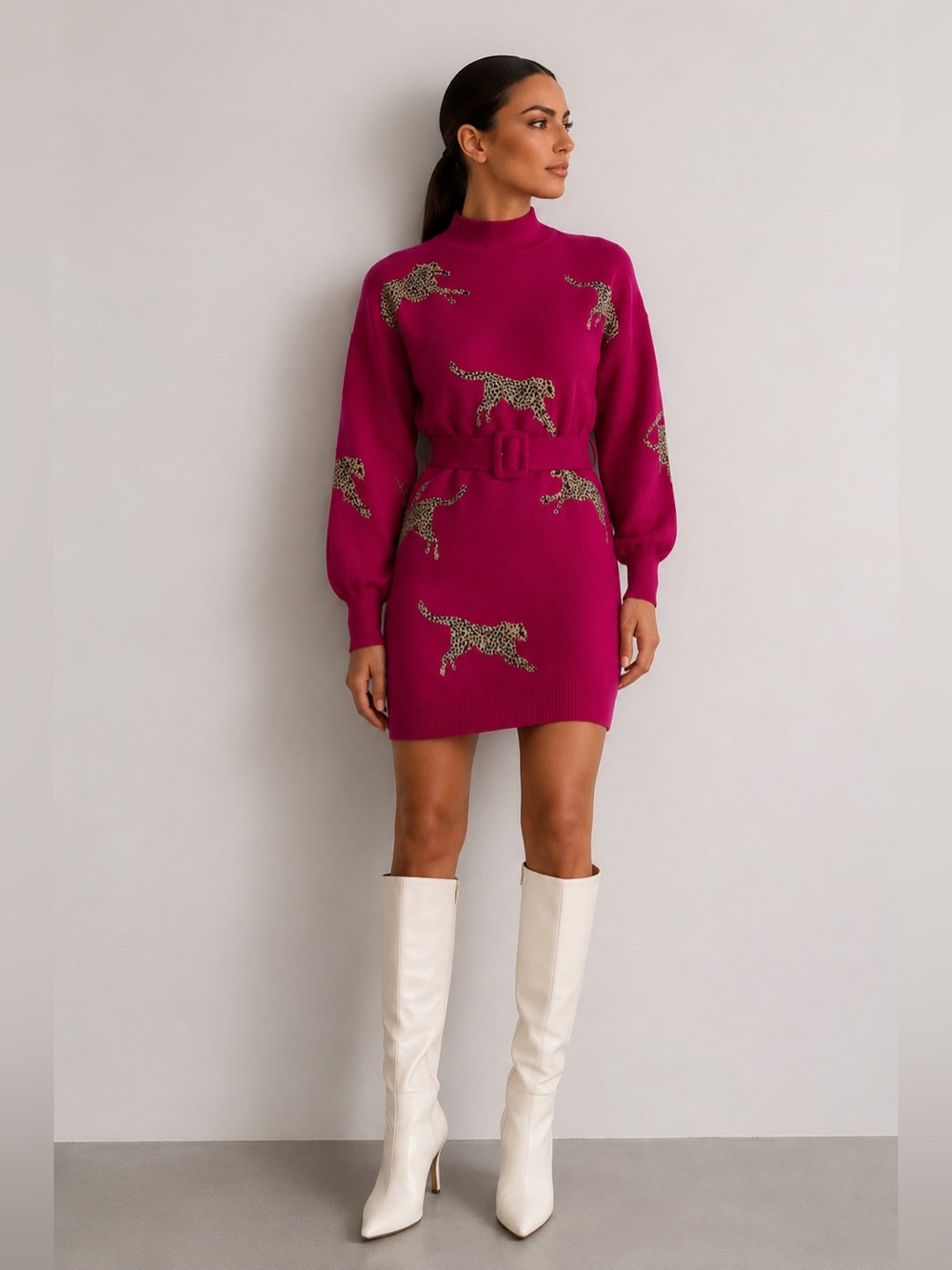 Blogger favorite Pink Leopard Print Dress wBelt Long Sleeve Knit Chic Cozy Style